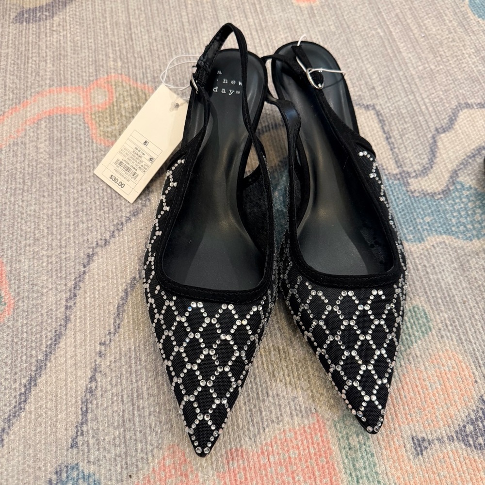 a new day Black Crystal-Embellished Pointed Slingback Flats